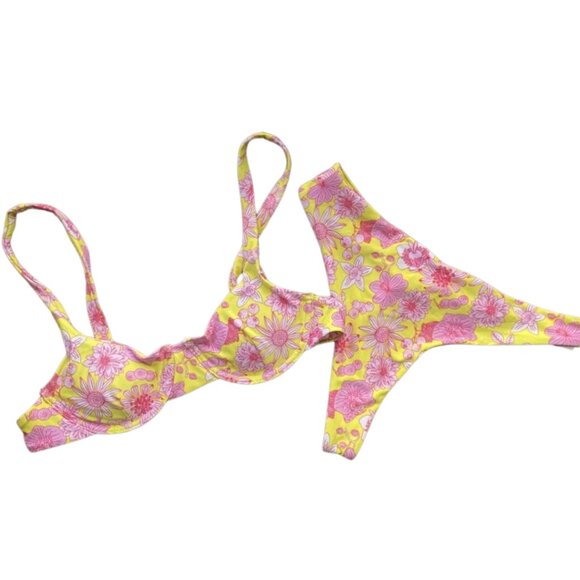 Bright Yellow and Pink Floral Two Piece Bikini Size Small - Picture 2 of 12